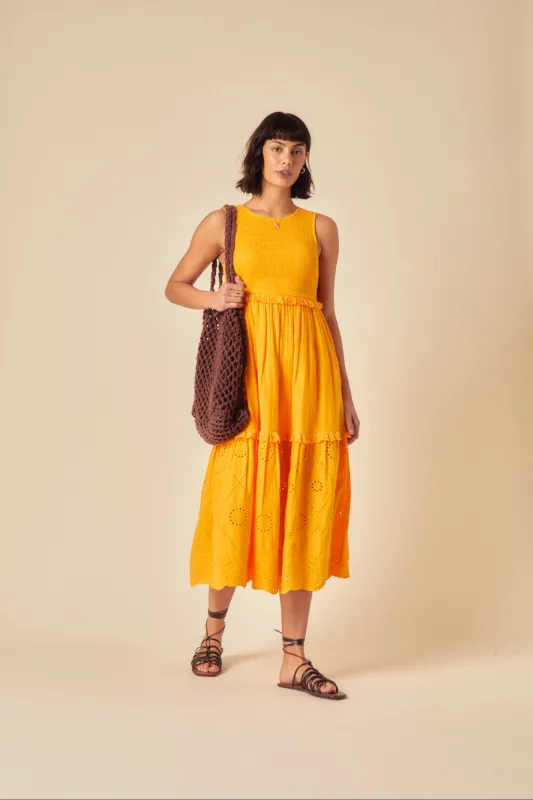 Yellow Ruched Tiered Blossom Midi Dress sold by Nobody's Child