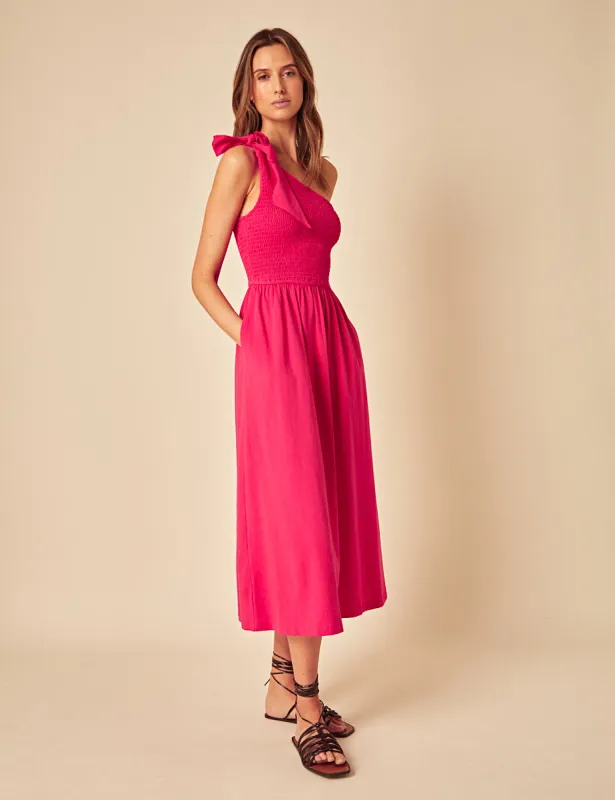 Pink One Shoulder Shirred Midi Dress sold by Nobody's Child