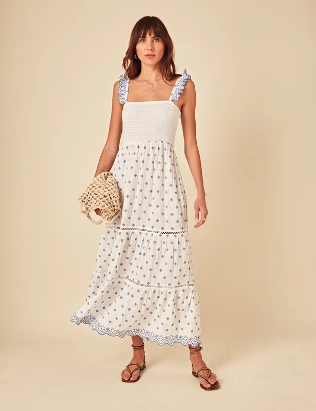 White Embroidered Maryam Midi Dress sold by Nobody's Child