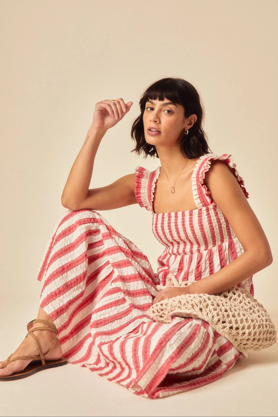 Red Striped Tiered Maya Midi Dress sold by Nobody's Child product image thumbnail 3