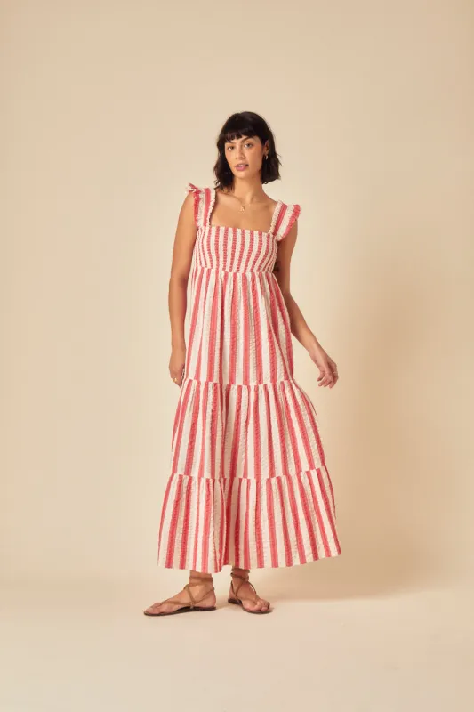 Red Striped Tiered Maya Midi Dress sold by Nobody's Child
