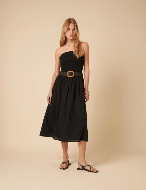 Black Shirred Bandeau Sylvia Midi Dress sold by Nobody's Child