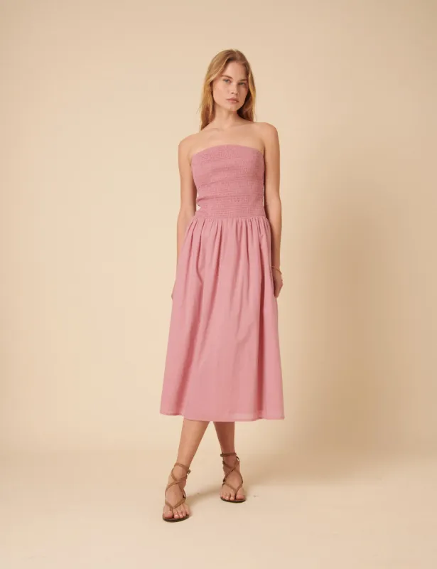 Pink Shirred Bandeau Sylvia Midi Dress sold by Nobody's Child