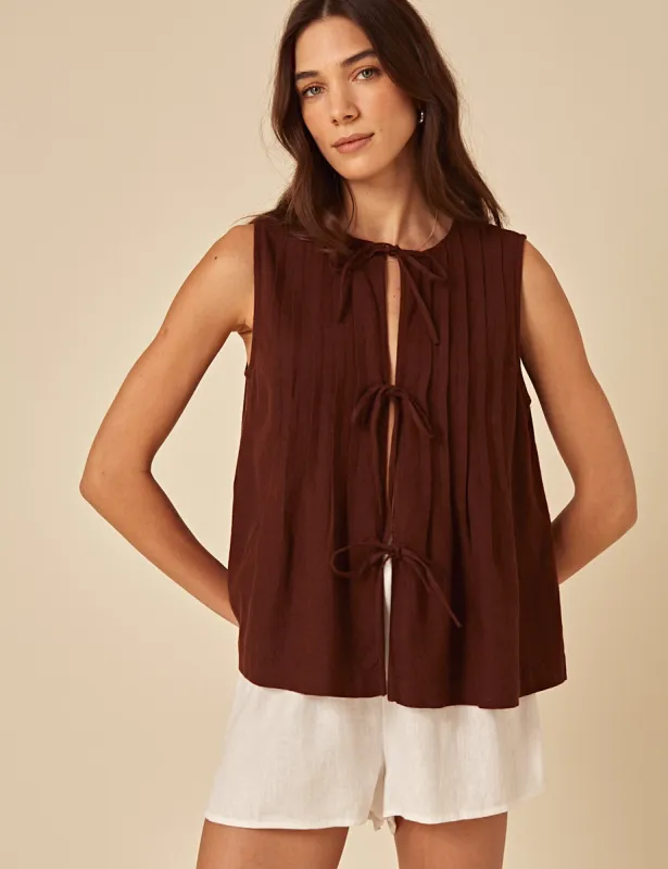 Brown Linen-blend Tie Front Top sold by Nobody's Child