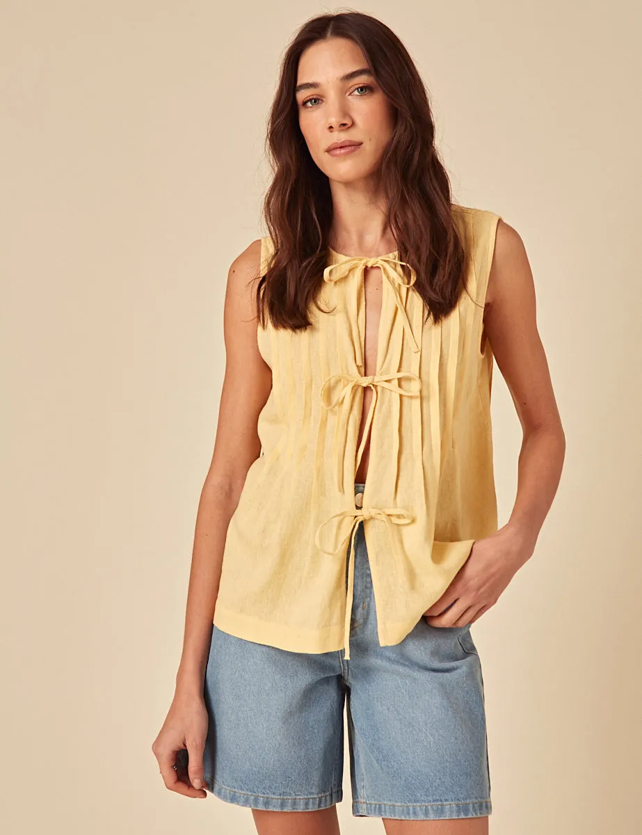 Butter Yellow Linen-blend Tie Front Top sold by Nobody's Child