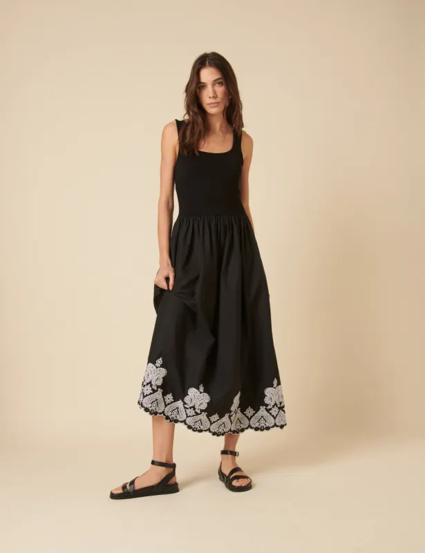 Black Floral Embroidered Colorado Midi Dress sold by Nobody's Child