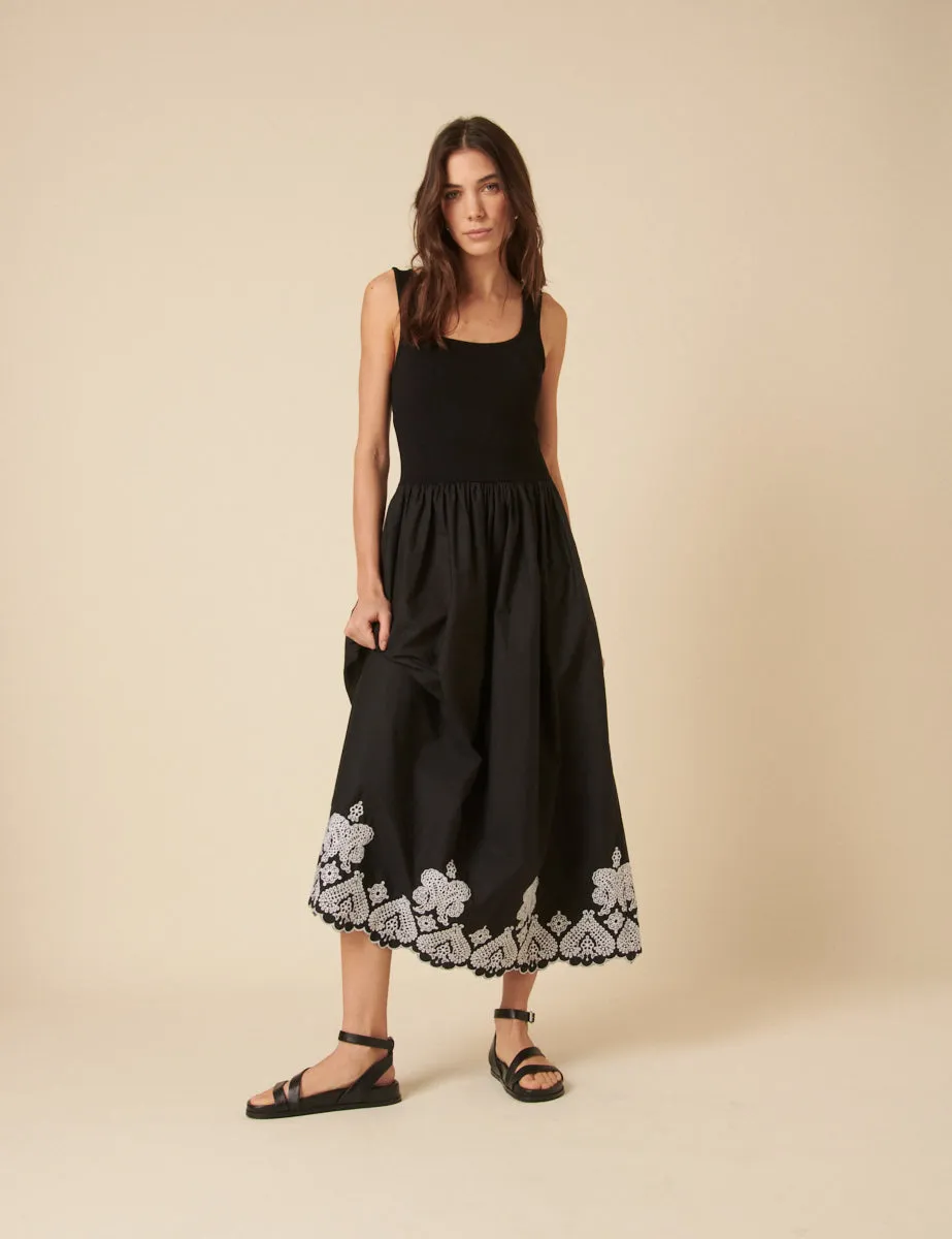 Black Floral Embroidered Colorado Midi Dress sold by Nobody's Child