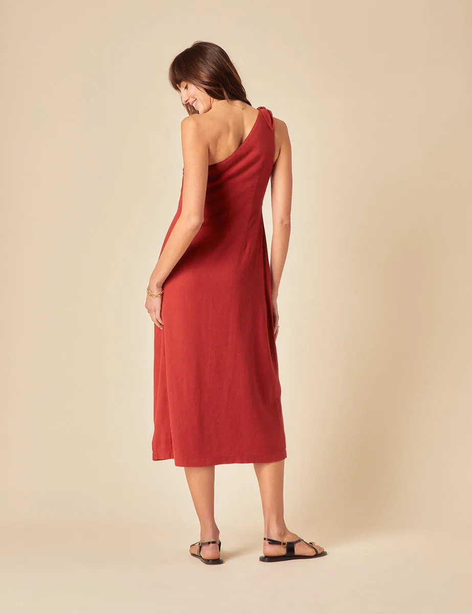 Red Linen-blend One Shoulder Sherbourne Midi Dress sold by Nobody's Child product image thumbnail 5