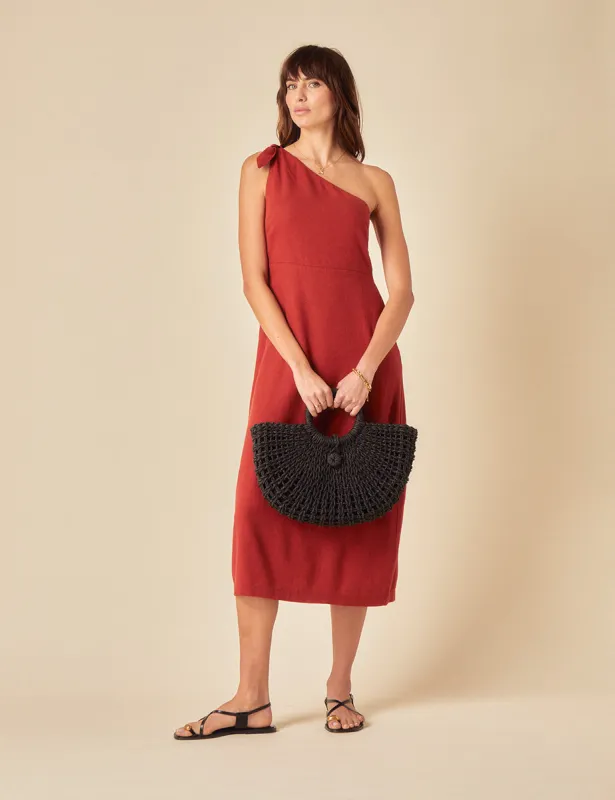 Red Linen-blend One Shoulder Sherbourne Midi Dress sold by Nobody's Child
