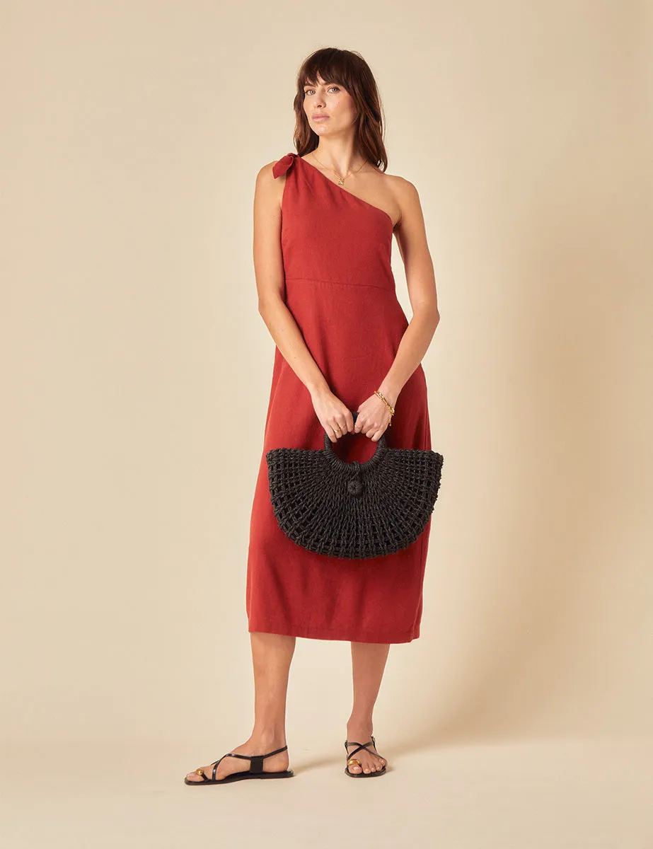 Red Linen-blend One Shoulder Sherbourne Midi Dress sold by Nobody's Child
