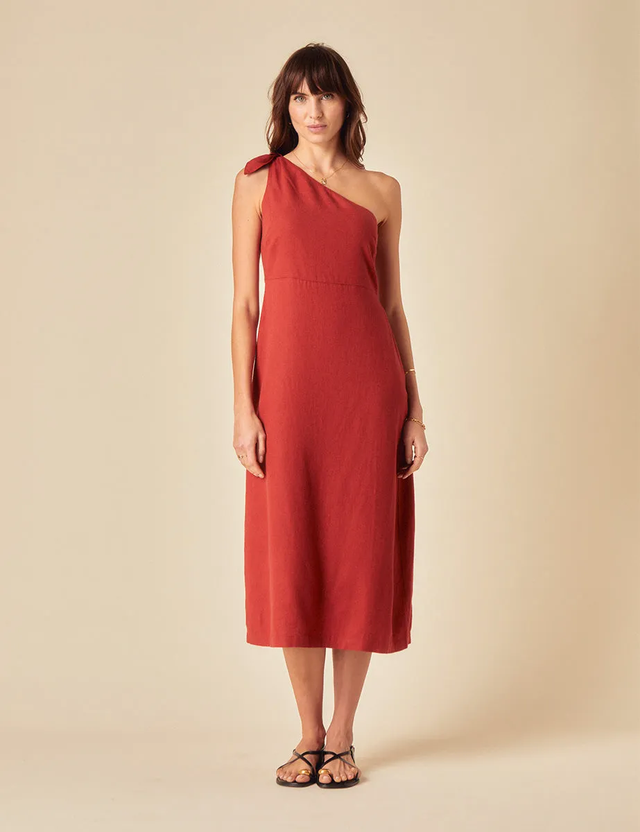 Red Linen-blend One Shoulder Sherbourne Midi Dress sold by Nobody's Child product image thumbnail 4