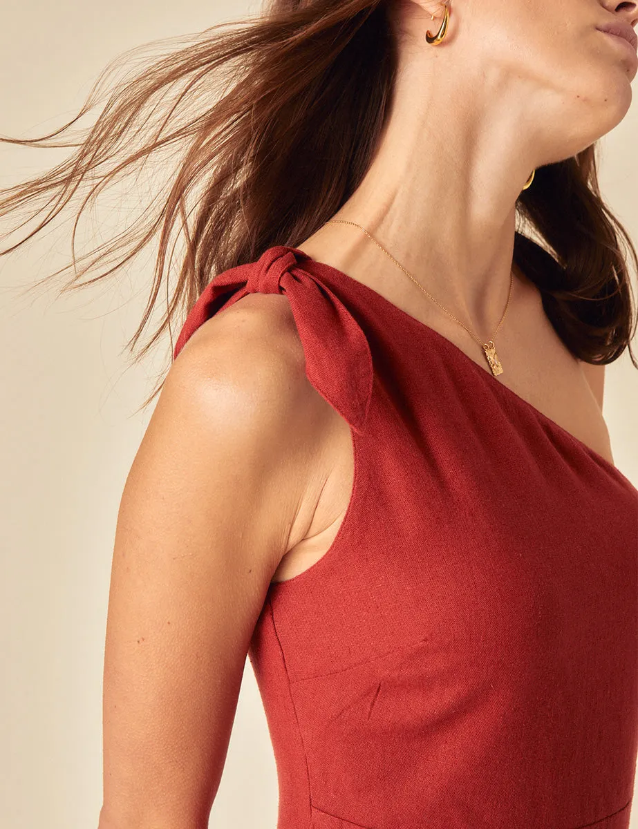Red Linen-blend One Shoulder Sherbourne Midi Dress sold by Nobody's Child product image thumbnail 2