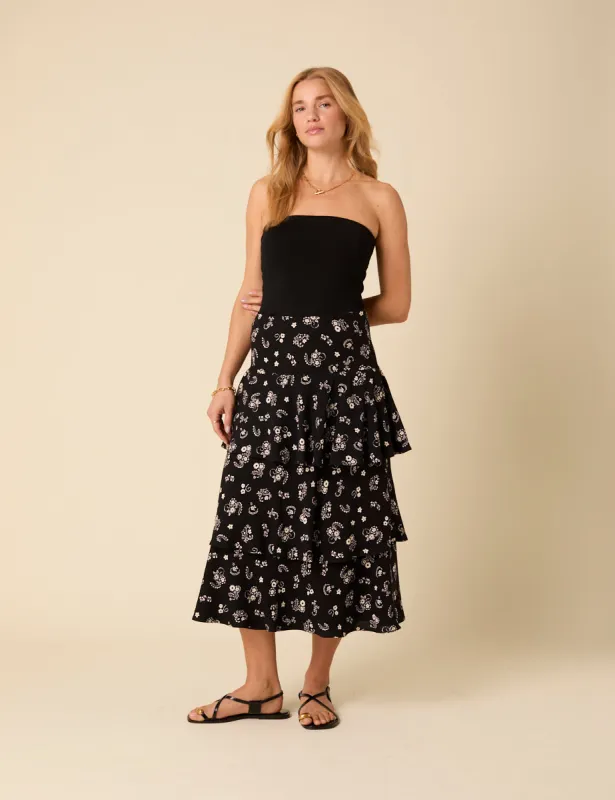 Black Printed Tiered Maxi Skirt sold by Nobody's Child