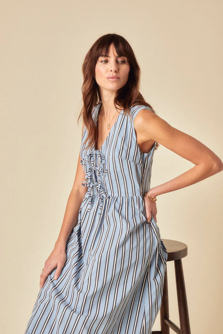 Blue Pinstripe Tie Front Posey Midi Dress sold by Nobody's Child product image thumbnail 2