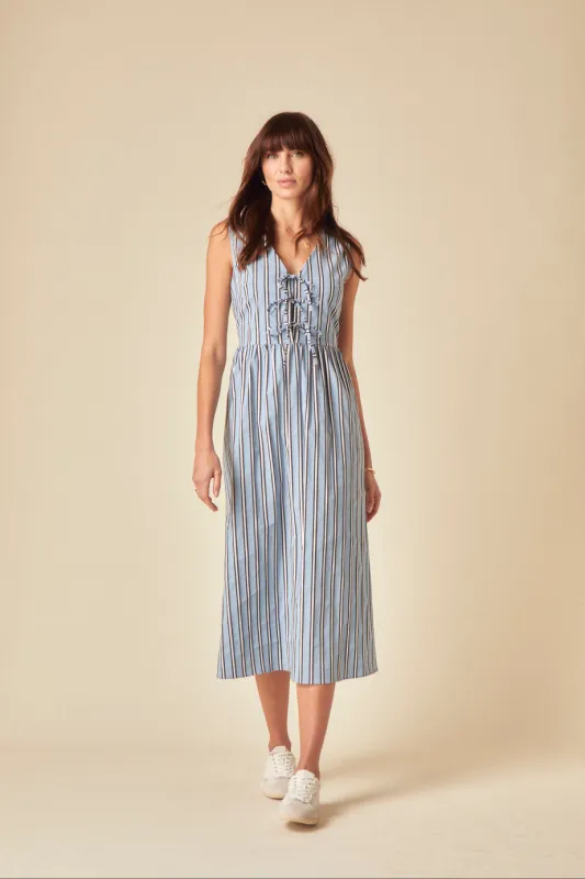 Blue Pinstripe Tie Front Posey Midi Dress sold by Nobody's Child