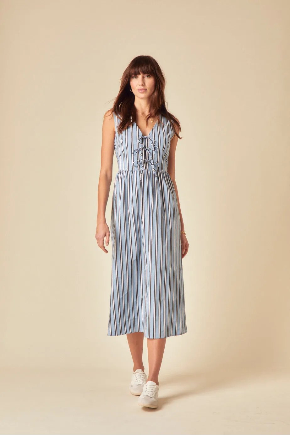 Blue Pinstripe Tie Front Posey Midi Dress sold by Nobody's Child
