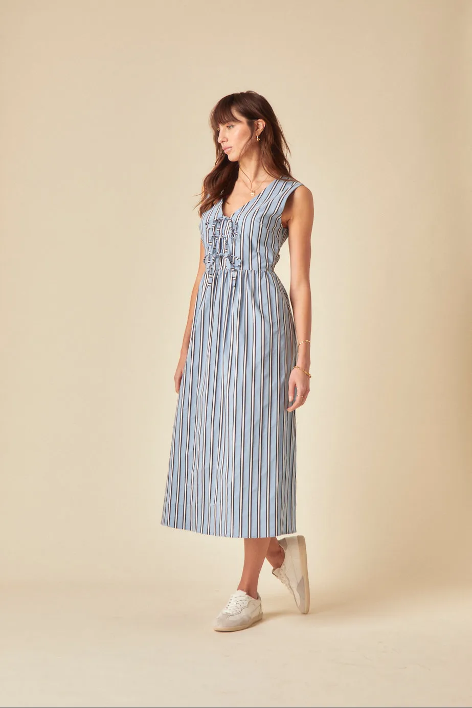 Blue Pinstripe Tie Front Posey Midi Dress sold by Nobody's Child product image thumbnail 4