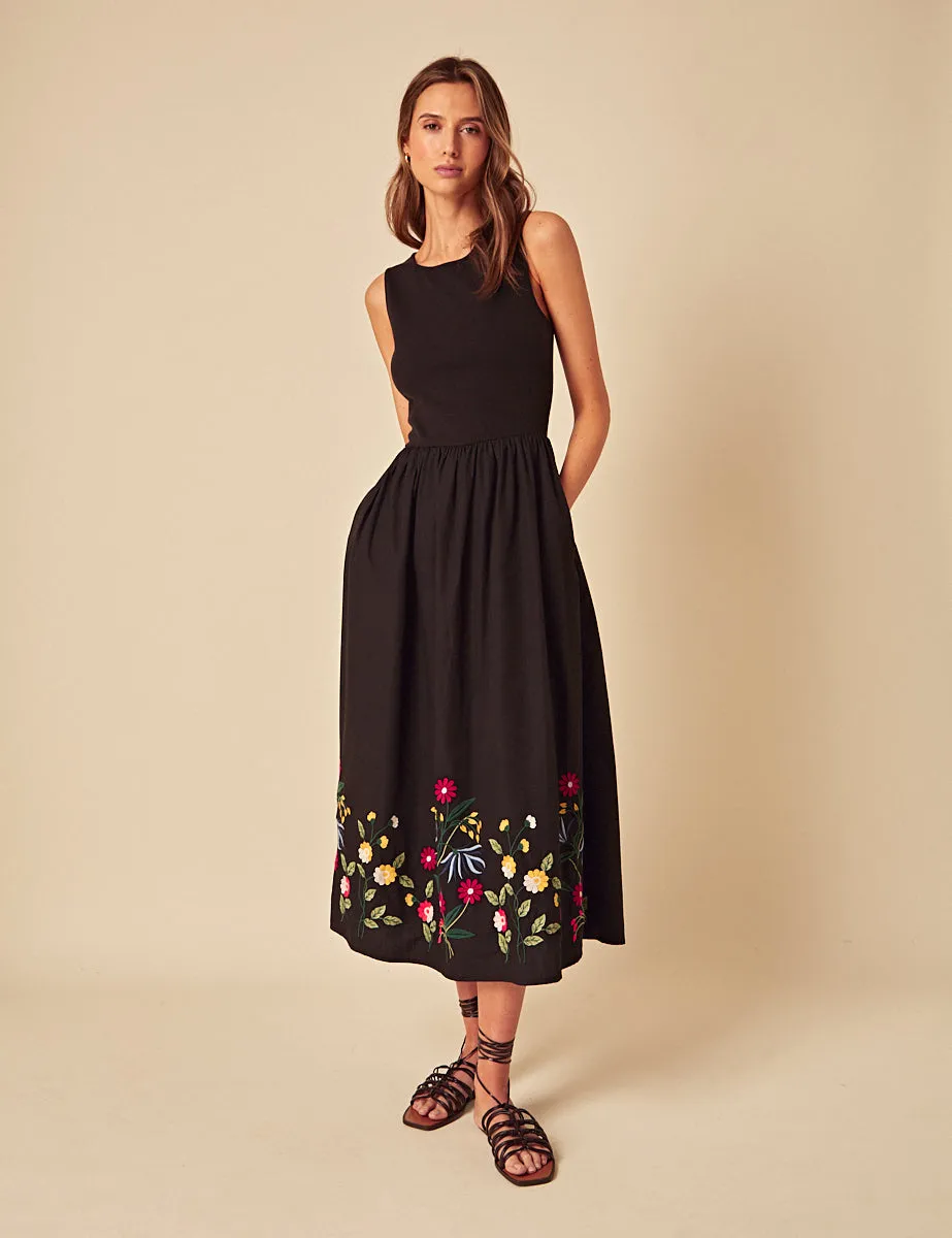 Black Floral Embroidered Hem Midi Dress sold by Nobody's Child