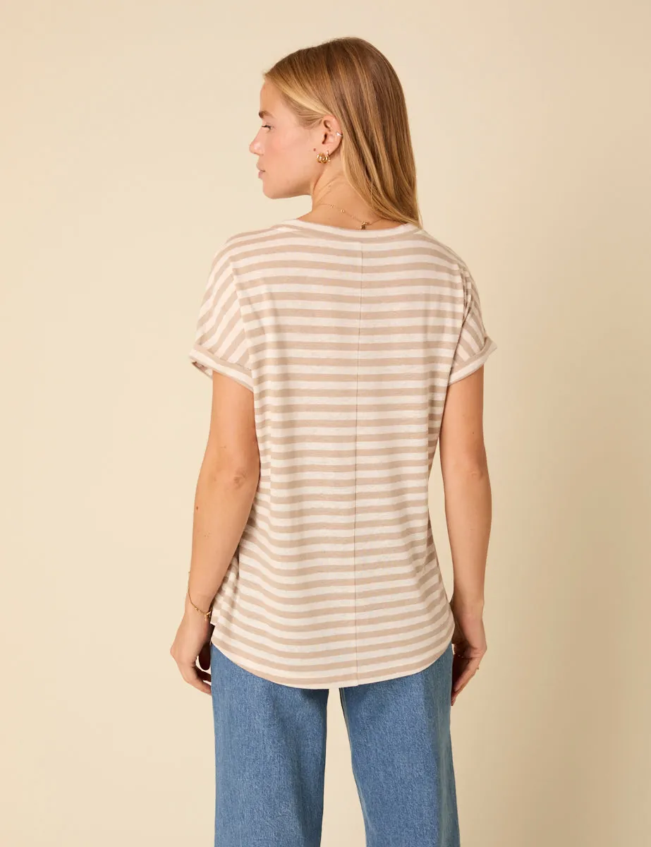 White And Beige Linen-blend Striped V-neck T-Shirt sold by Nobody's Child product image thumbnail 5