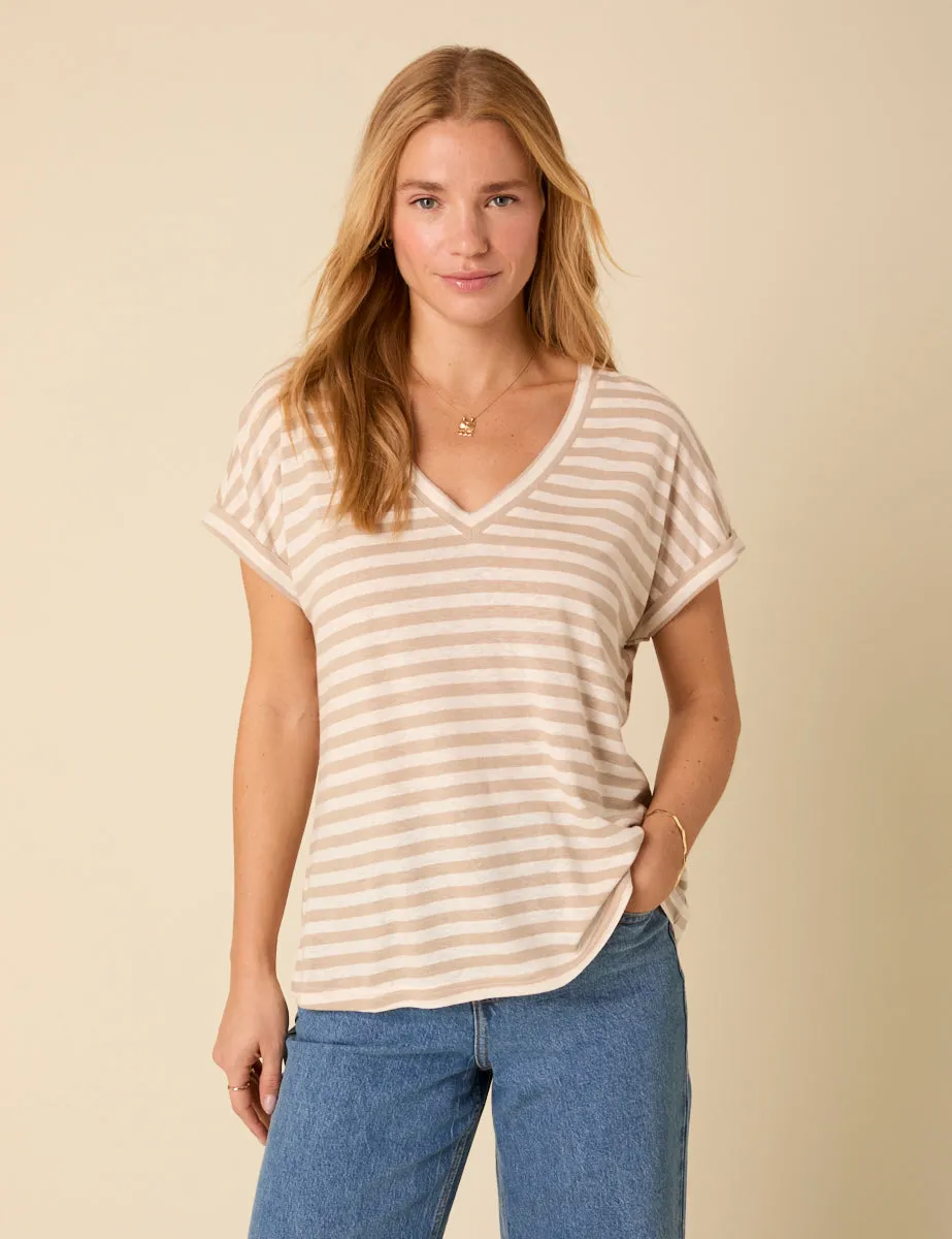 White And Beige Linen-blend Striped V-neck T-Shirt sold by Nobody's Child product image thumbnail 3