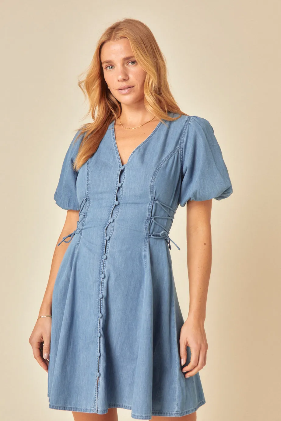 Blue Denim Puff Sleeve Magnolia Mini Dress sold by Nobody's Child