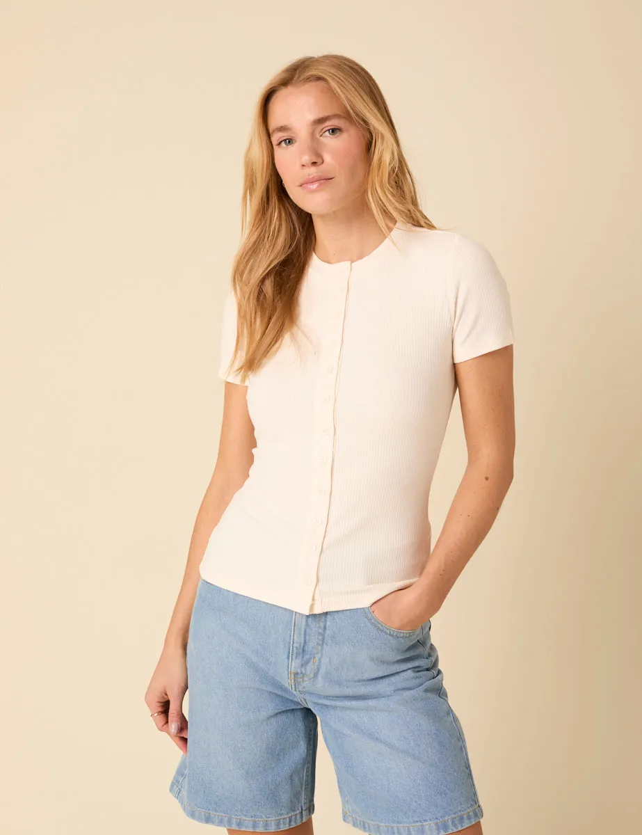 White Ribbed Button Down Jersey Top sold by Nobody's Child