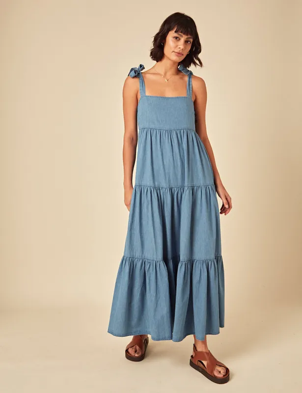 Blue Denim Tiered Midi Smock Dress sold by Nobody's Child
