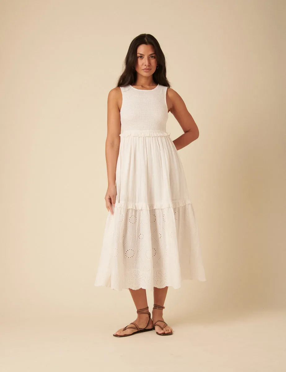 White Broderie Anglaise Tiered Blossom Midi Dress sold by Nobody's Child