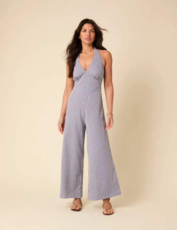 Blue Gingham Halterneck Jumpsuit sold by Nobody's Child