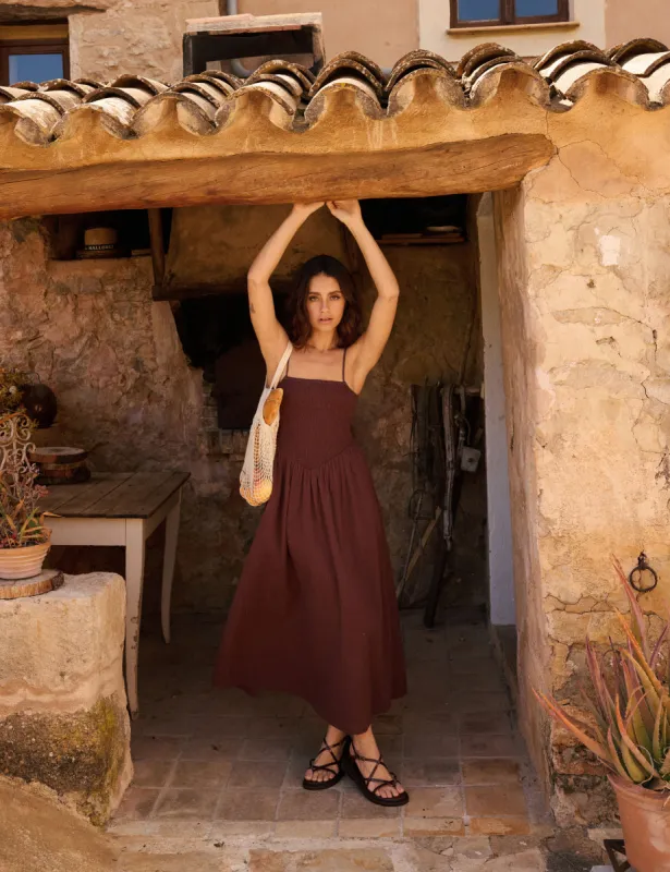 Brown Ruched Drop Waist Imogen Midi Dress sold by Nobody's Child