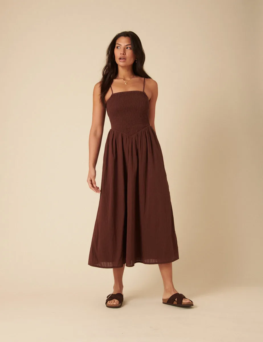 Brown Ruched Drop Waist Imogen Midi Dress sold by Nobody's Child product image thumbnail 2