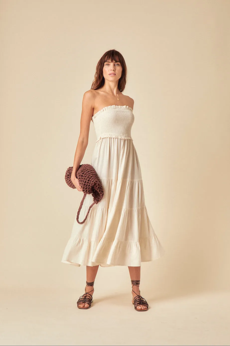 Stone Linen-blend Bandeau Shirred Maisie Midi Dress sold by Nobody's Child