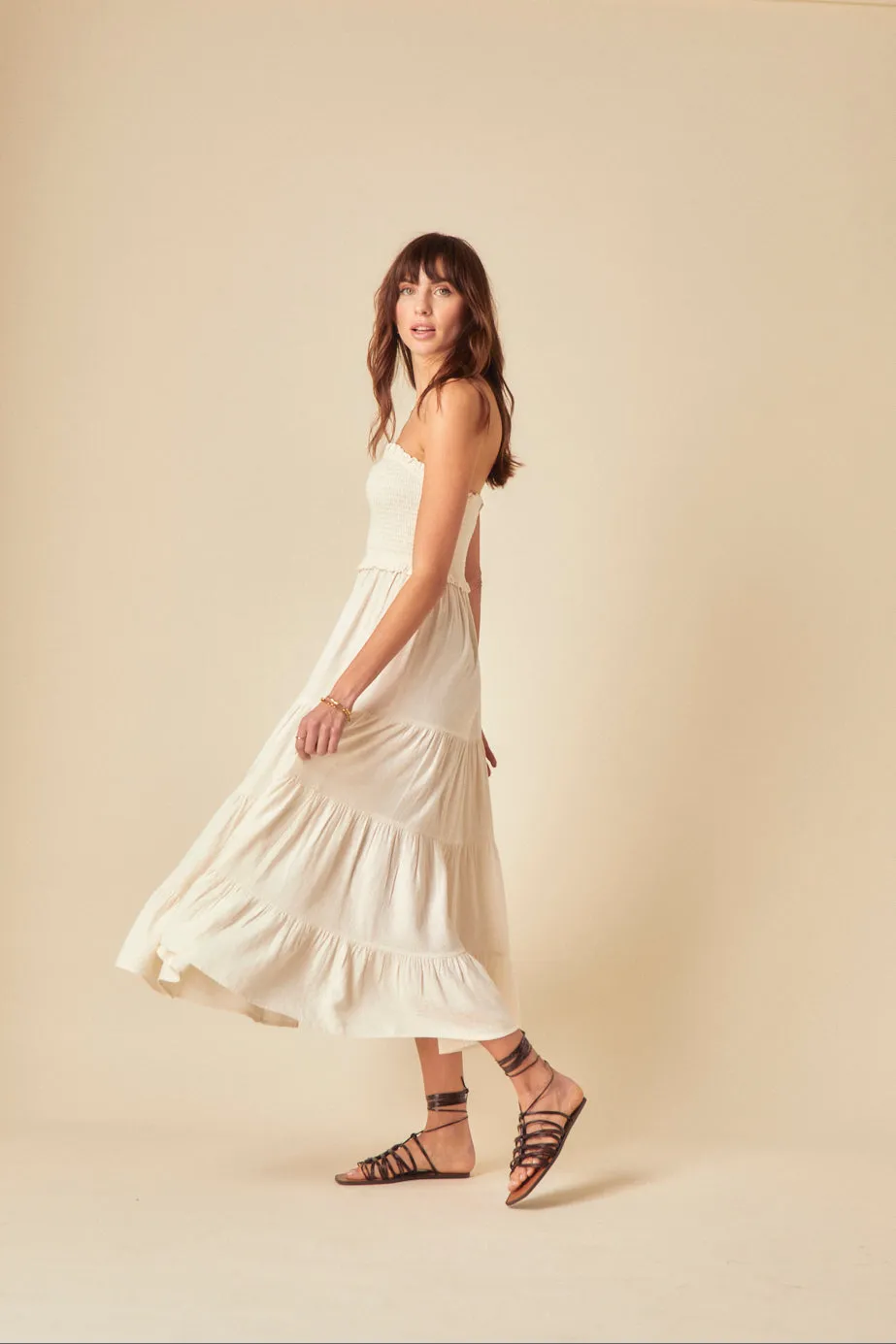 Stone Linen-blend Bandeau Shirred Maisie Midi Dress sold by Nobody's Child product image thumbnail 4
