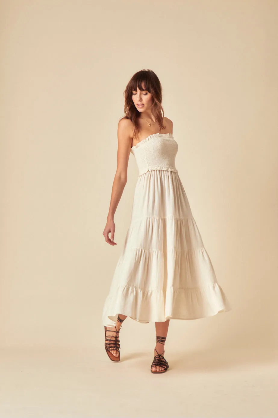 Stone Linen-blend Bandeau Shirred Maisie Midi Dress sold by Nobody's Child product image thumbnail 3