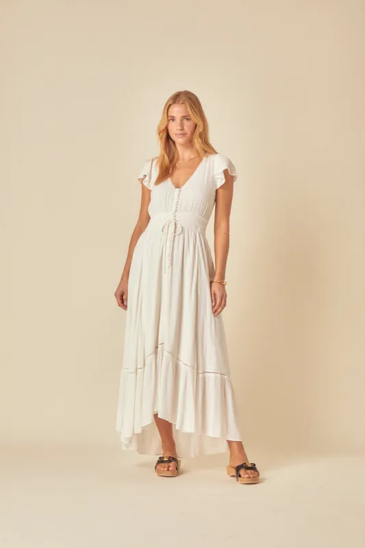 White V-neck Frill Veda Midi Dress sold by Nobody's Child