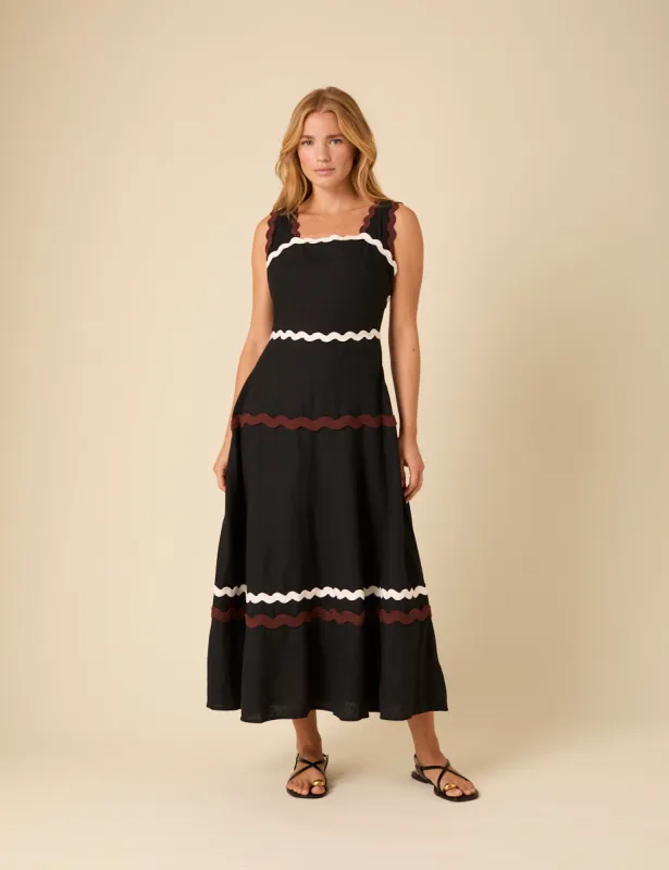 Black Linen-blend Contrast Trim Acacia Midi Dress sold by Nobody's Child