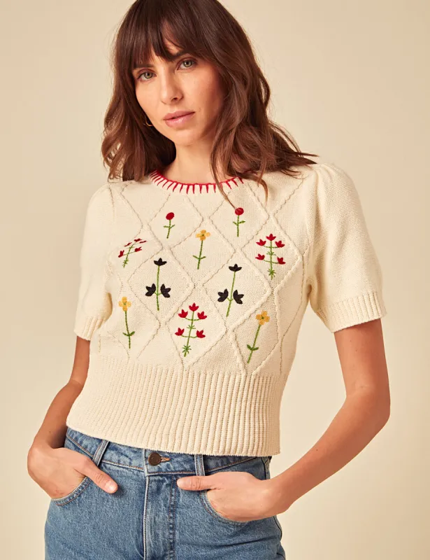 Cream Floral Embroidered Knitted T-Shirt sold by Nobody's Child