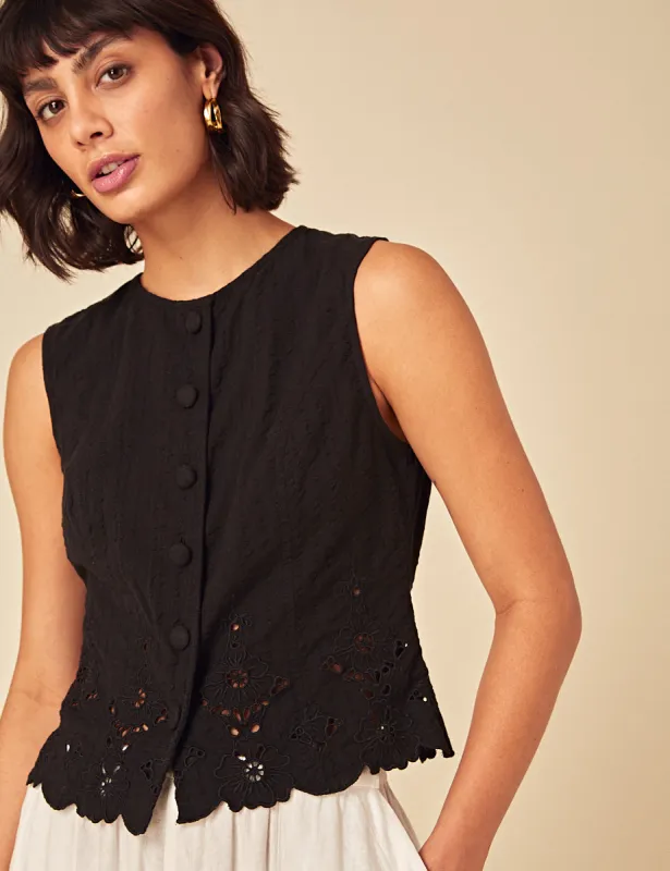 Black Sleeveless Broderie Anglaise Top sold by Nobody's Child
