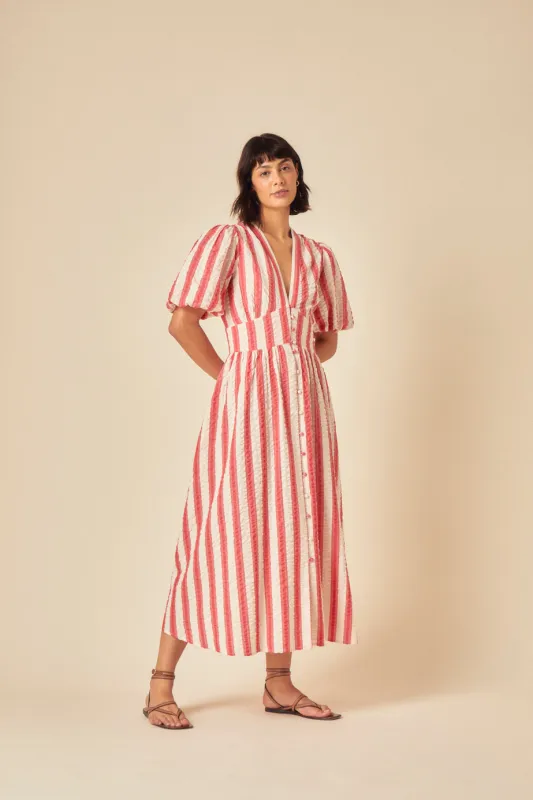 Red Striped Short Sleeve Starlight Midi Dress sold by Nobody's Child