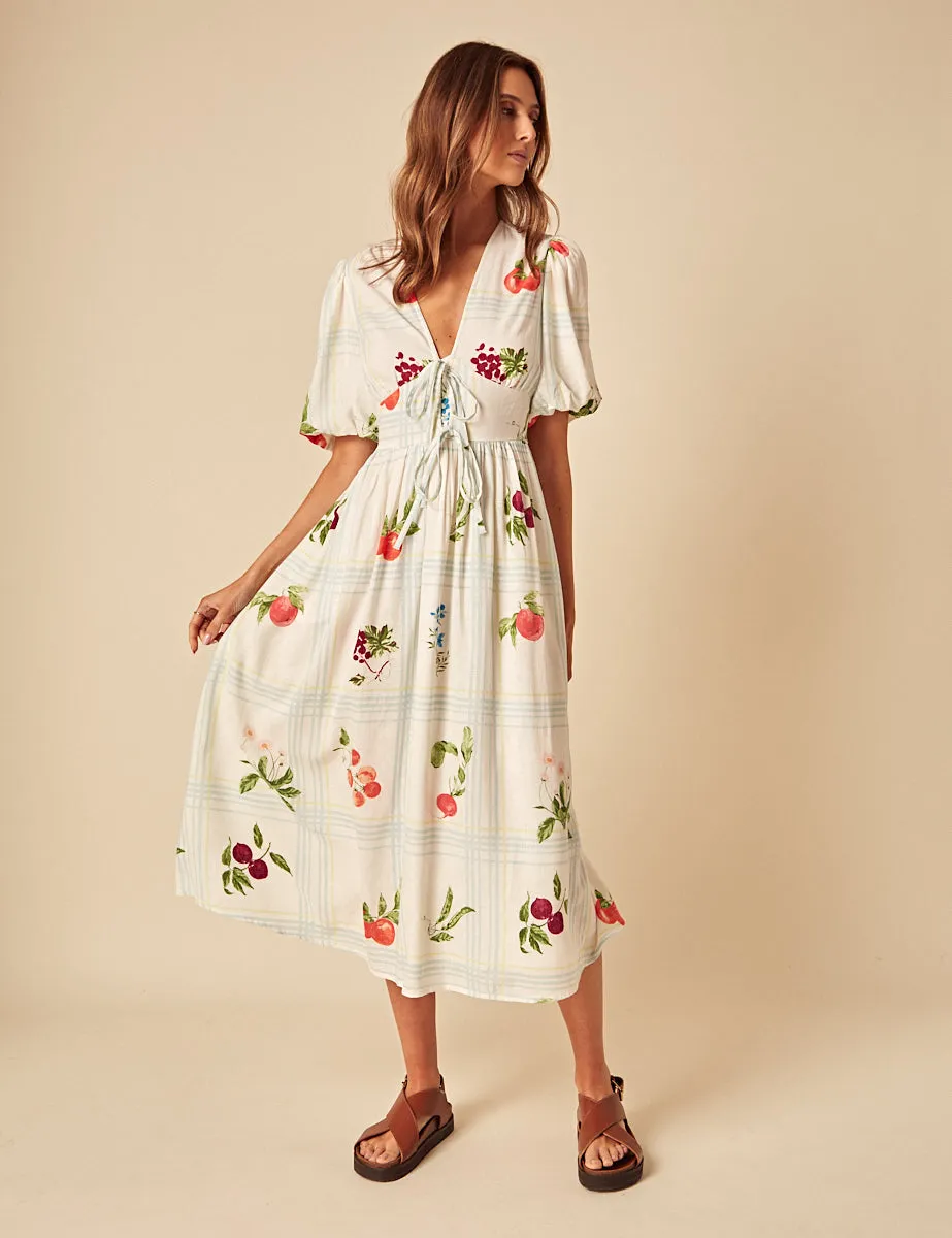White Fruit Print Tie Front Scarla Midi Dress sold by Nobody's Child product image thumbnail 3