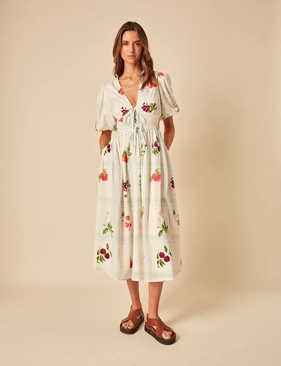 White Fruit Print Tie Front Scarla Midi Dress sold by Nobody's Child