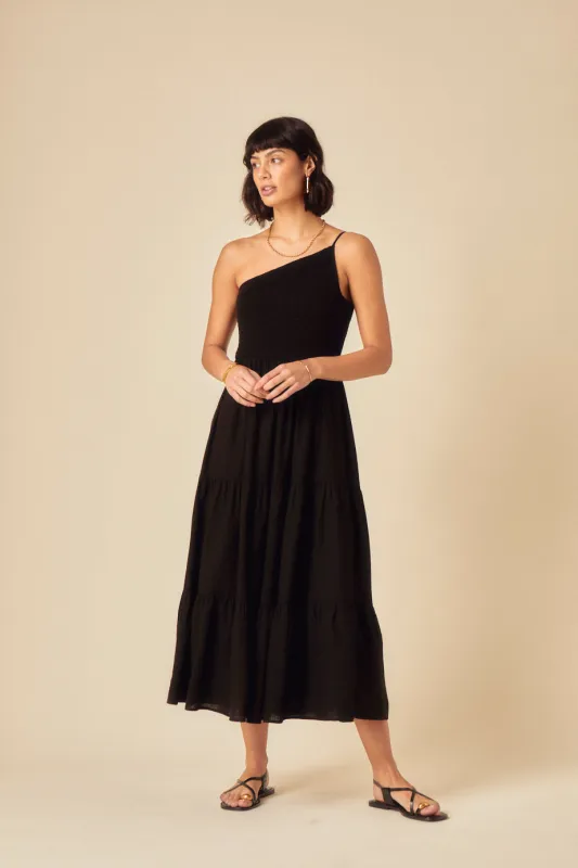 Black One Shoulder Frome Midi Dress sold by Nobody's Child