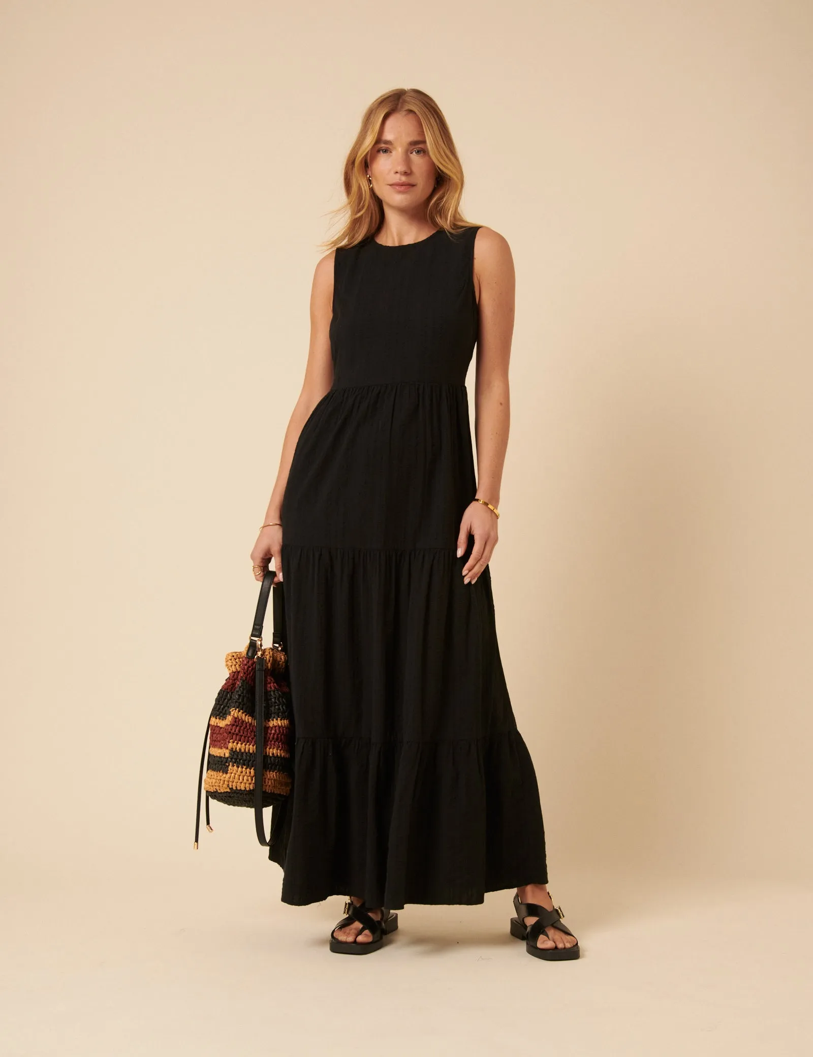 Black Tiered Astrid Maxi Dress sold by Nobody's Child