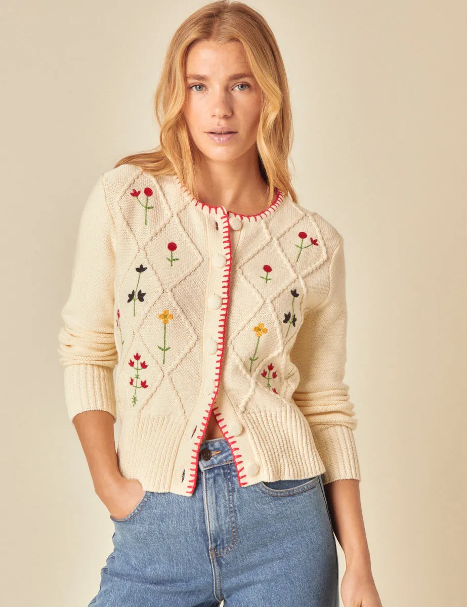 Cream Embroidered Floral Cable Knit Cardigan sold by Nobody's Child