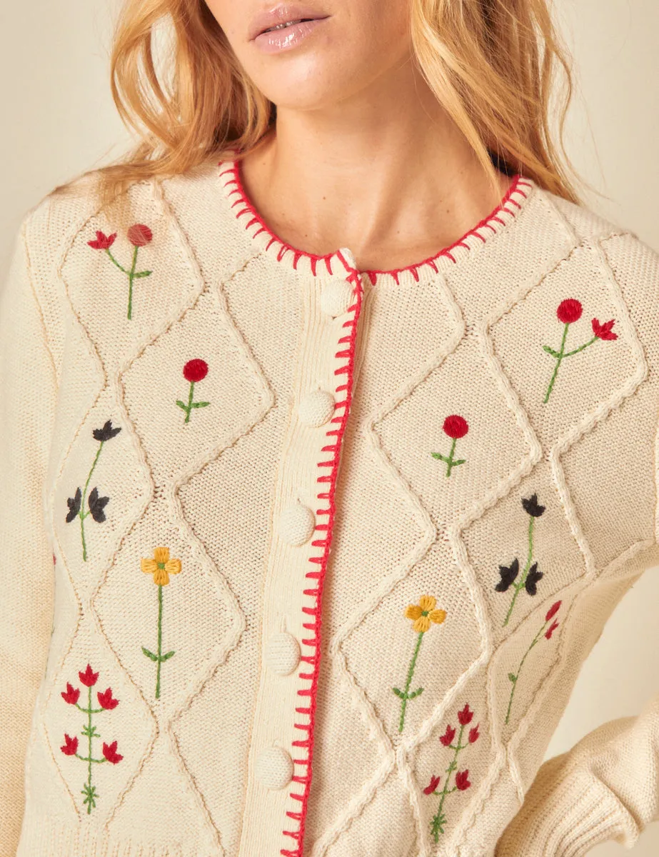 Cream Embroidered Floral Cable Knit Cardigan sold by Nobody's Child product image thumbnail 2