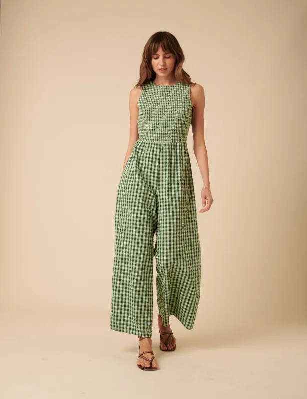 Green Gingham Shirred Ruth Jumpsuit sold by Nobody's Child