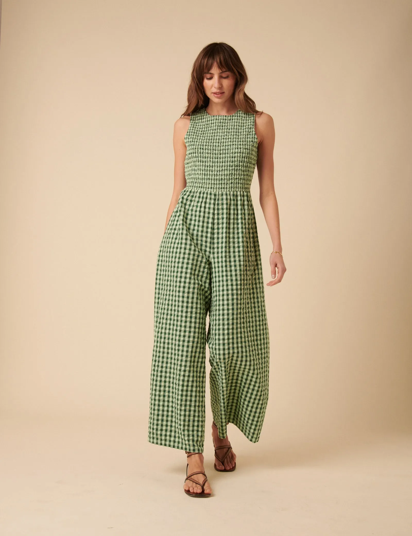 Green Gingham Shirred Ruth Jumpsuit sold by Nobody's Child