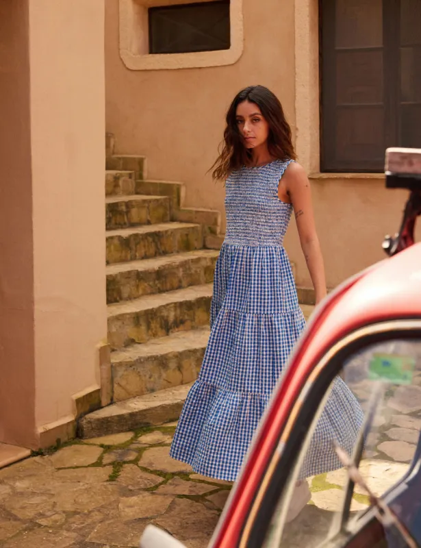 Blue Gingham Sleeveless Tiered Charlie Midi Dress sold by Nobody's Child