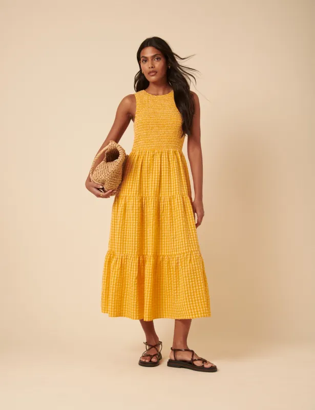 Yellow Gingham Sleeveless Tiered Charlie Midi Dress sold by Nobody's Child