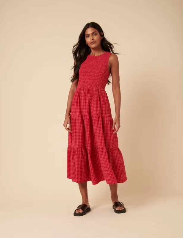 Pink And Red Gingham Sleeveless Tiered Charlie Midi Dress made by Nobody's Child